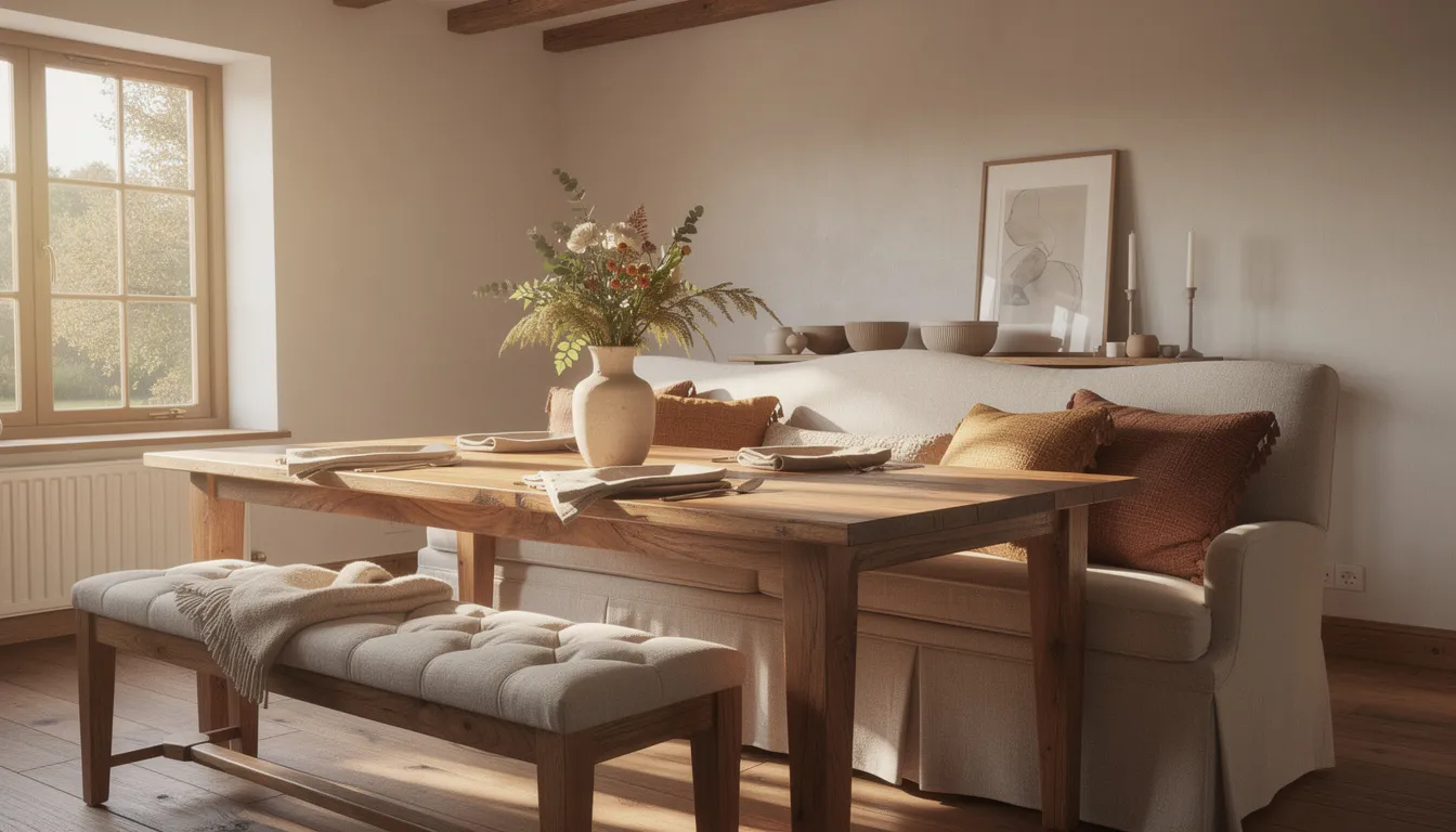 Een sfeervolle eetkamer met een massief houten eettafel en een comfortabele, gestoffeerde landelijke eetkamerbank met kussens, die uitnodigt tot gezelligheid. Het warme daglicht valt op de meubels en creëert een uitnodigende eethoek voor familie en vrienden.