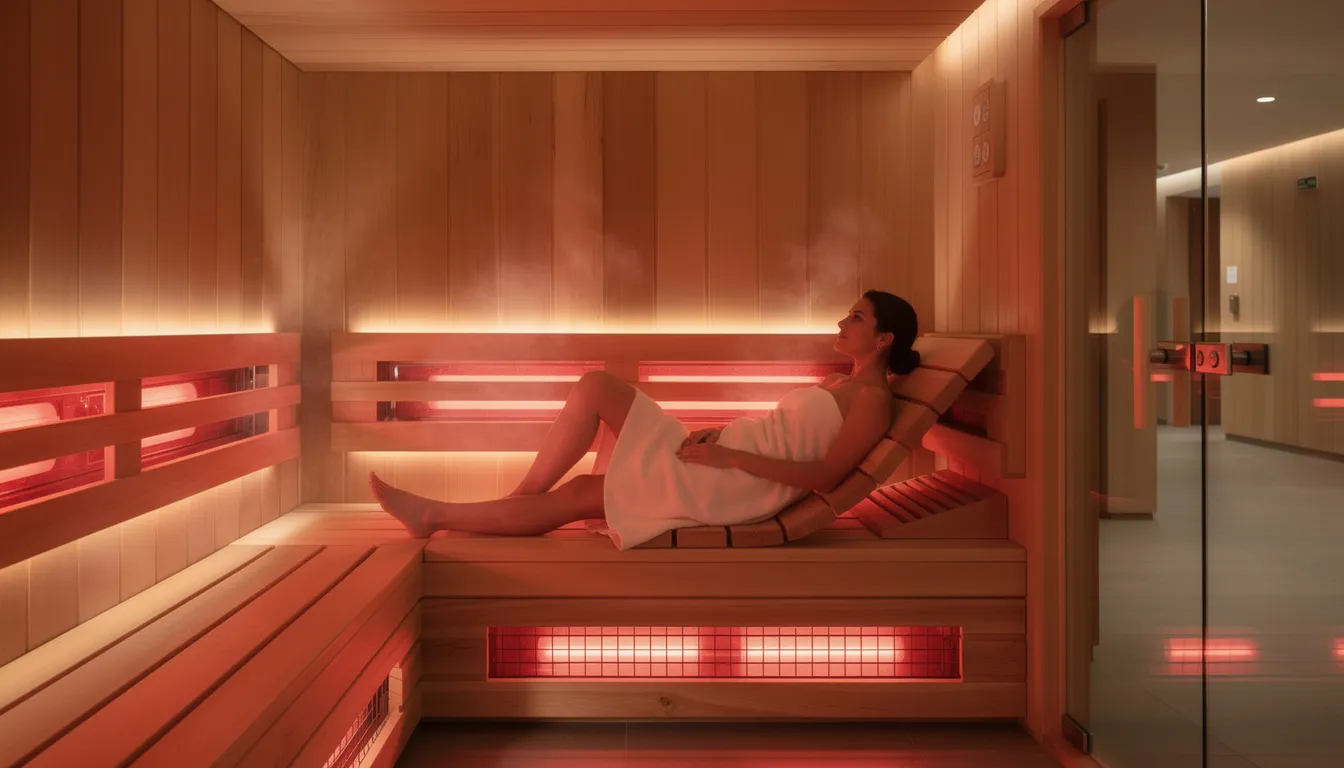 A person is relaxing in a modern wooden infrared sauna, surrounded by softly glowing red light panels that create a warm atmosphere. This serene setting highlights the wellness benefits of infrared sauna sessions, promoting stress relief and improved circulation.