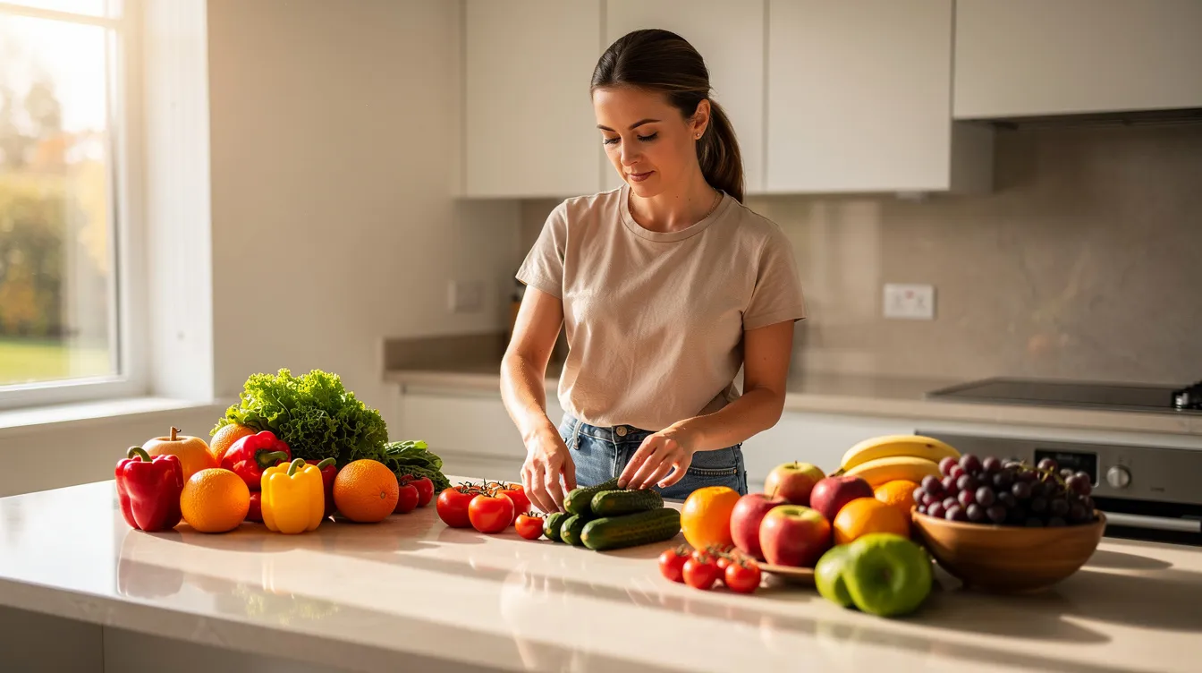 A woman is joyfully arranging a vibrant assortment of fresh fruits and vegetables on a kitchen counter, illuminated by natural light. This scene embodies the spirit of women entrepreneurs and their dedication to wellness food, showcasing the beauty of healthy living.