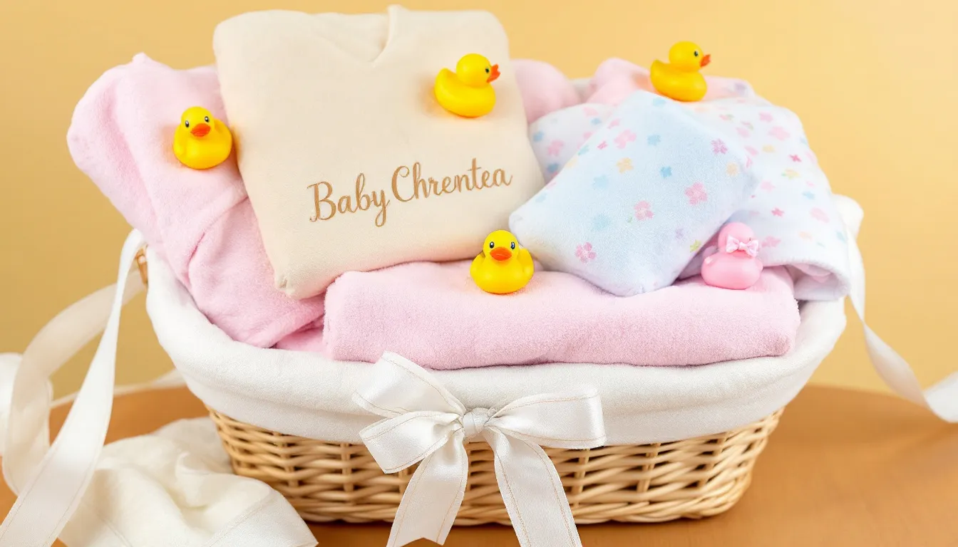 A beautifully arranged bath time baby gift set in a warm-toned basket includes baby wash, a super soft hooded towel, a personalized baby dressing gown, and cheerful rubber duckies, making it the perfect gift for new parents celebrating a baby shower. This adorable collection is designed to steal the show and bring joy to their little one's bath time routine.