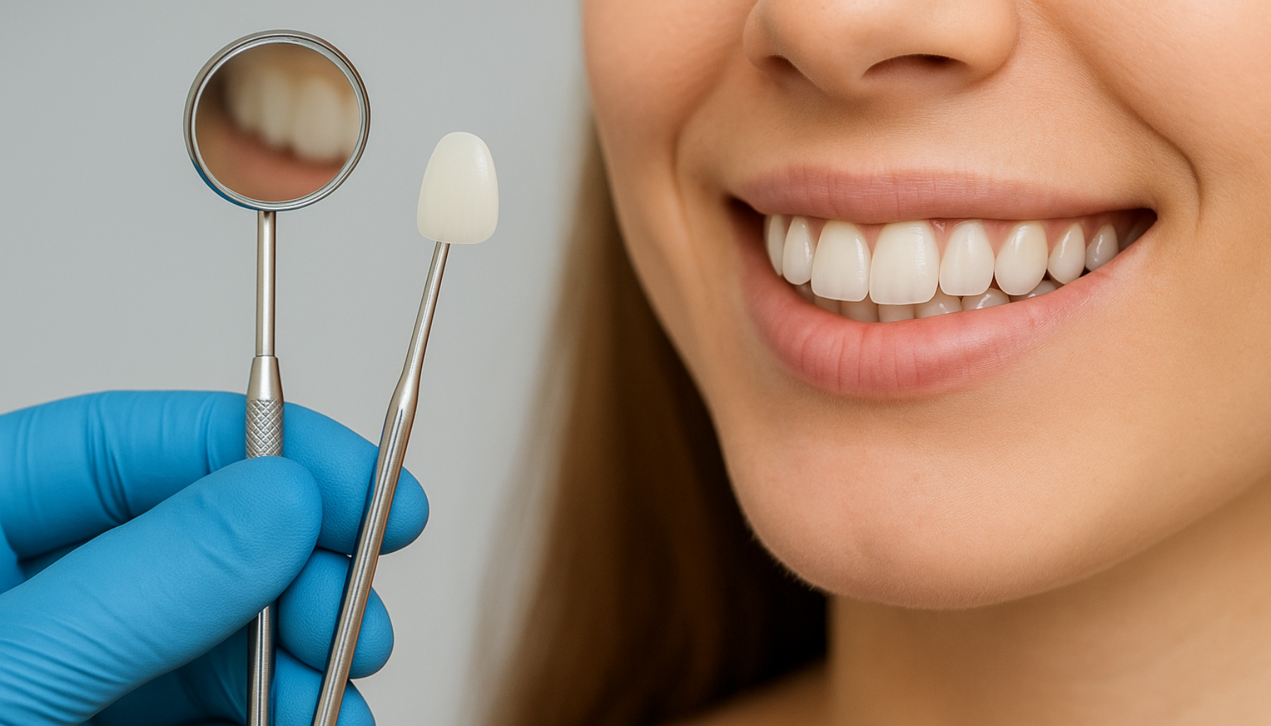 Fordeler Og Ulemper med Skallfasetter Uten Sliping 15 Nærbilde av kvinne som smiler med porselensfasetter mens tannlege holder speil og tannfasett.