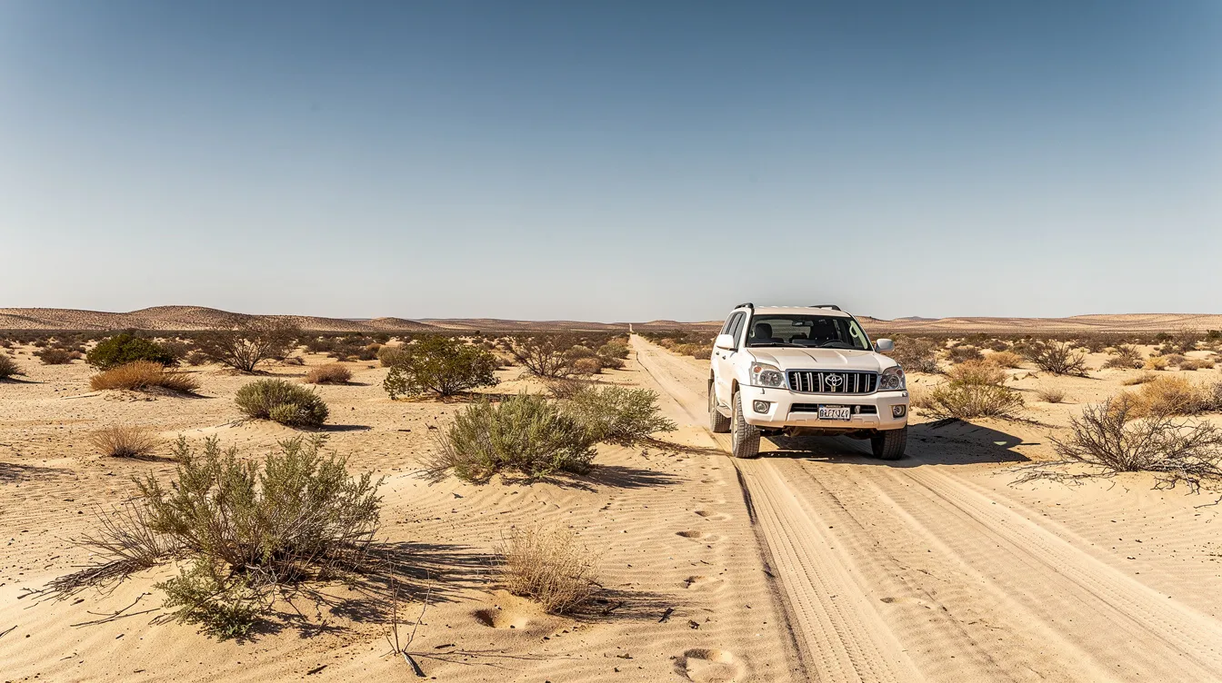 Un SUV blanc stationné sur une piste sableuse près de Laayoune.