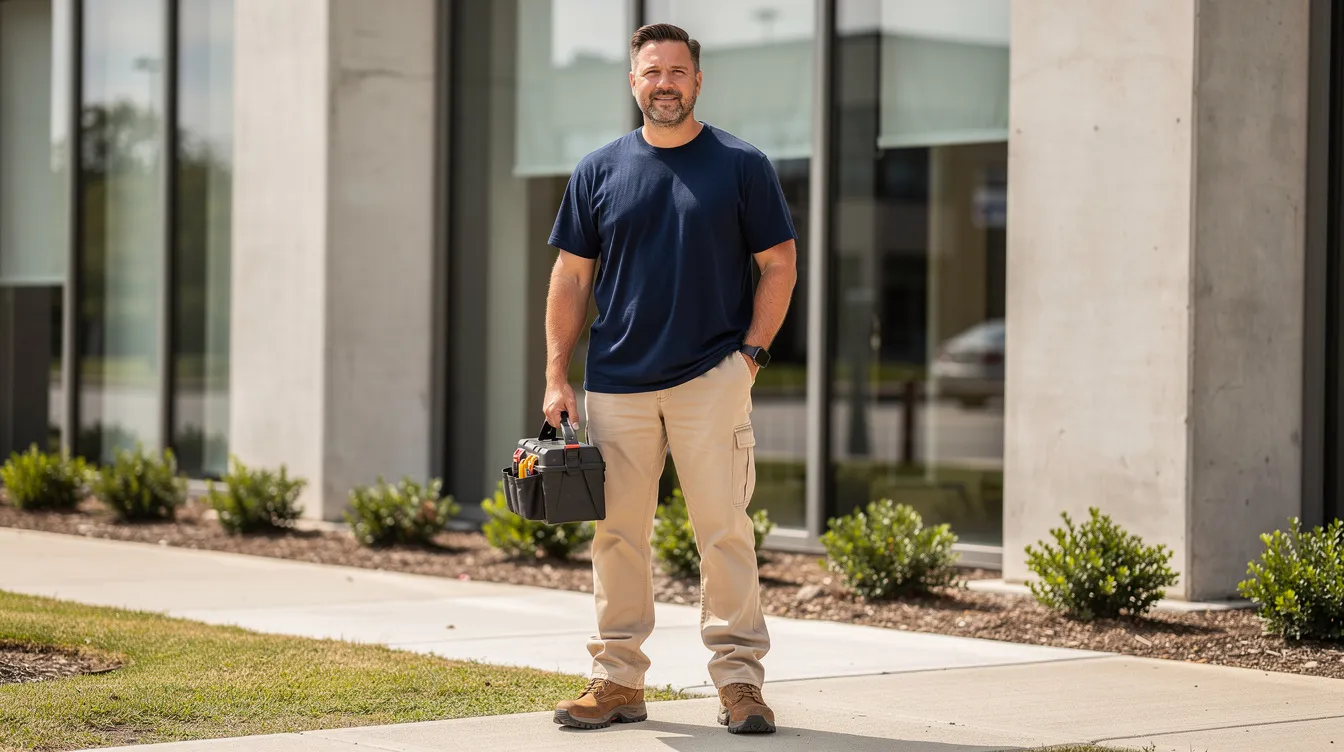 A professional plumbing technician, dressed in a plain navy shirt and tan pants, stands outside a commercial building, ready to address various plumbing needs. The absence of a fleet vehicle suggests he is prepared for emergency plumbing services or consultations related to water heater repair and installation.