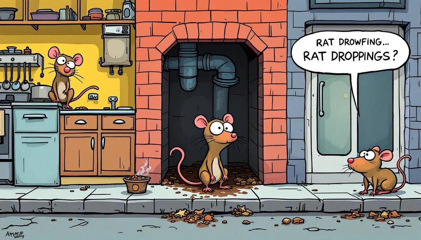 Common locations where rat droppings can be found, such as in a kitchen or basement.