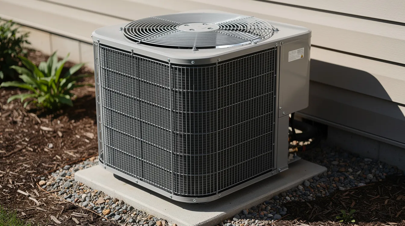 The image shows an outdoor AC condenser unit featuring visible fan blades and aluminum coil fins, essential components of an air conditioning system that help in blowing cold air. This unit is crucial for maintaining indoor air quality and cooling properly during warm weather.