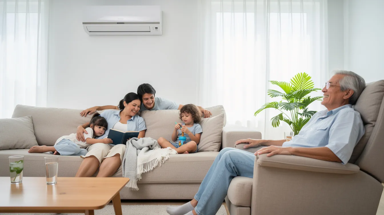 A comfortable family is relaxing in a cool air-conditioned living room, enjoying the indoor comfort provided by their efficient air conditioning system. The scene conveys a sense of tranquility as they unwind in a space that maintains a pleasant indoor temperature, highlighting the importance of routine maintenance for optimal air quality.