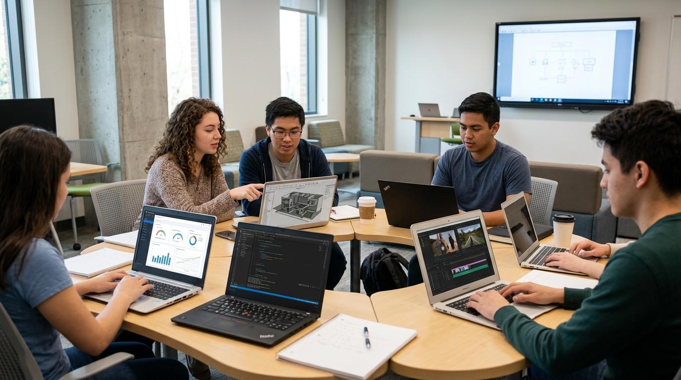 Students using standard laptops to access powerful cloud-hosted software in a modern university classroom, replacing traditional computer labs.
