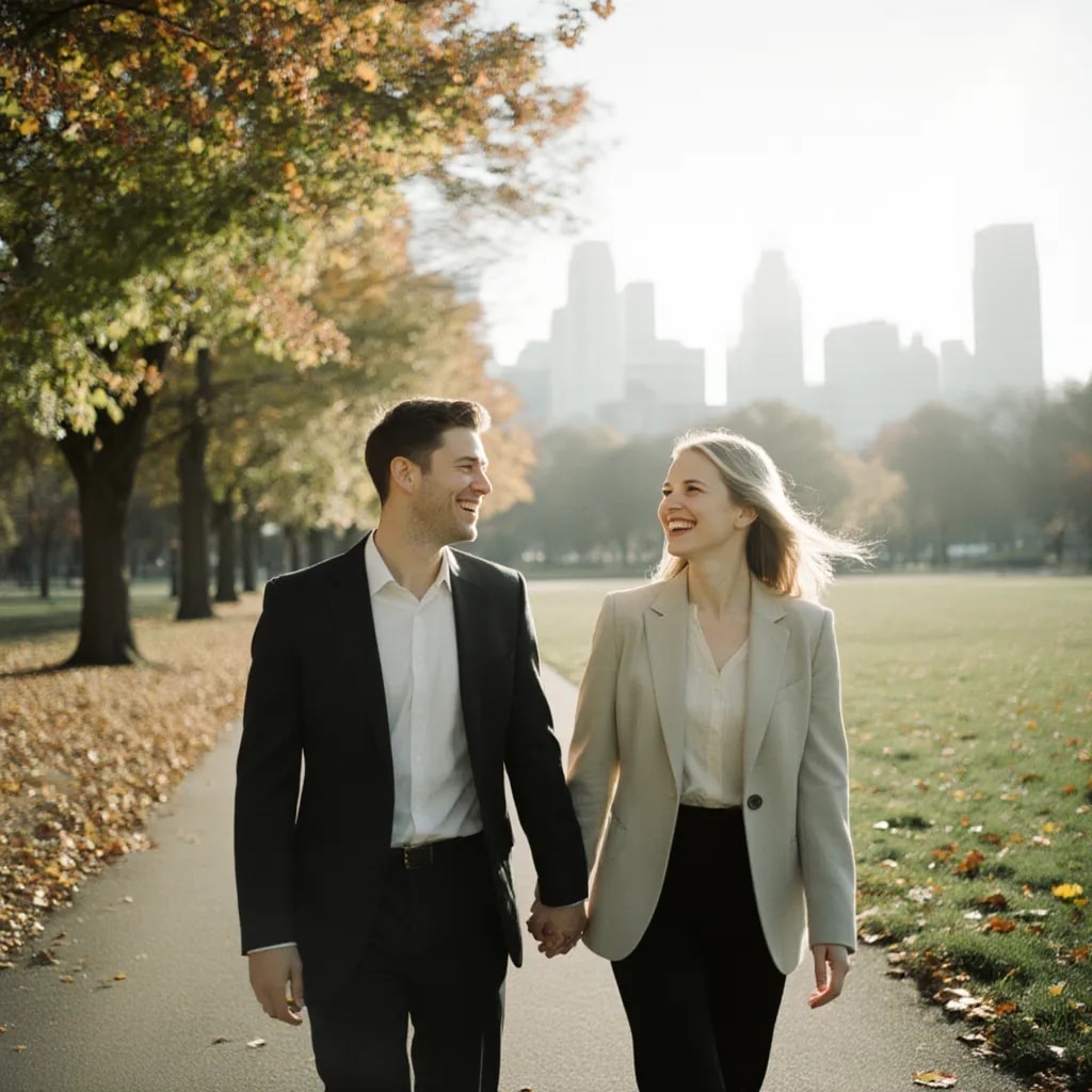 Image of happy couple in NYC after having a secure attachment with couples therapy.