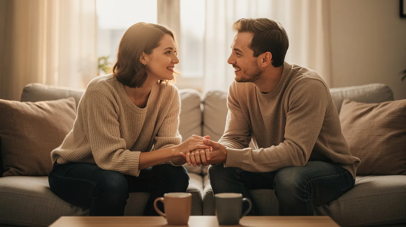 The image depicts a couple engaged in a heartfelt conversation, illustrating the essence of healthy relationships through their mutual respect and effective communication. They appear comfortable and connected, embodying the important qualities of emotional intelligence and friendship that contribute to relationship longevity.