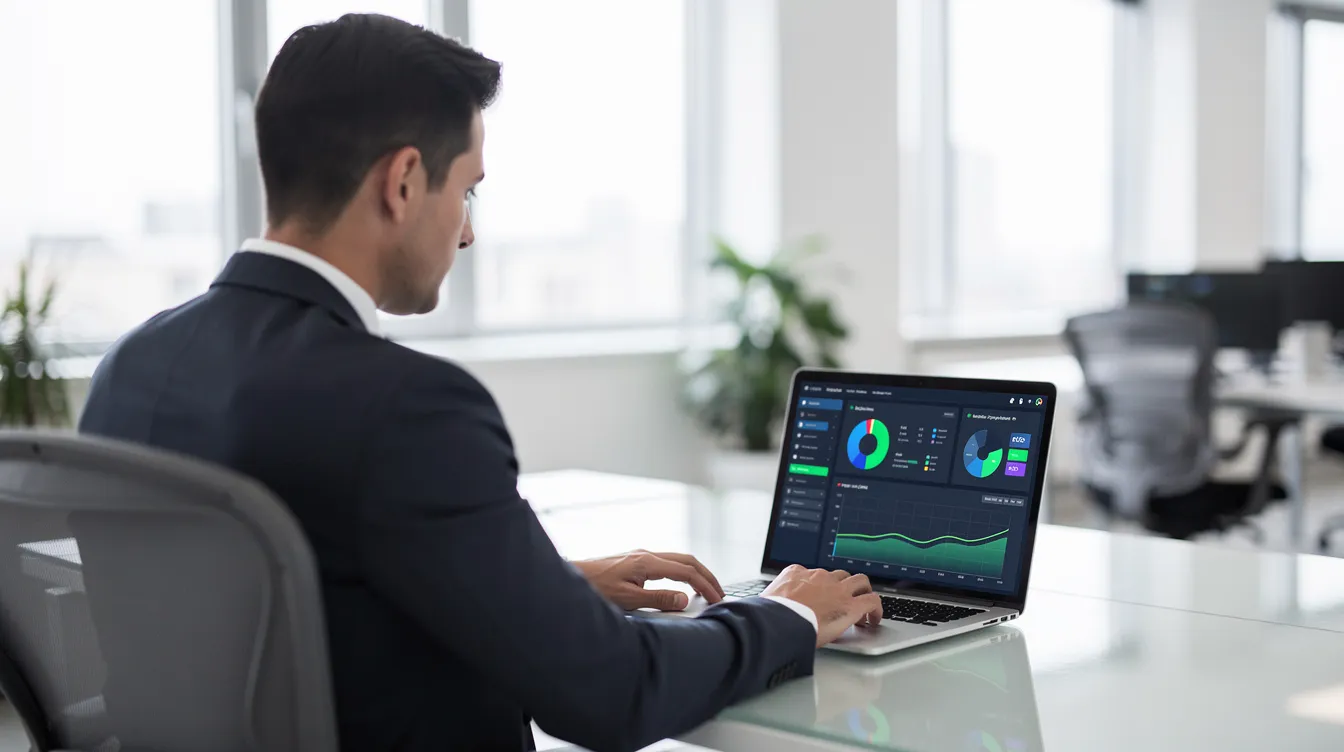 Professional reviewing website analytics and visibility data on a laptop in an office setting.