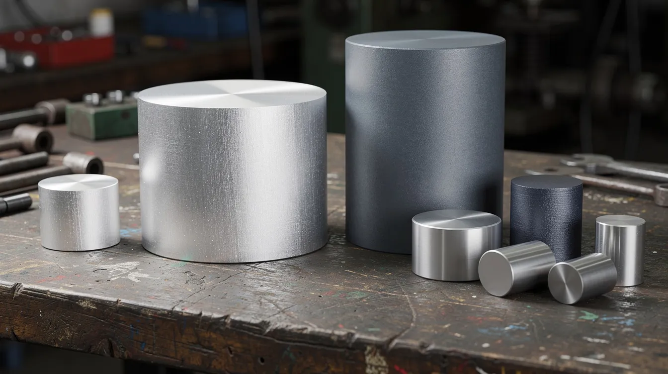 The image shows a variety of raw metal billets in different colors and sizes, including aluminum, titanium, and steel, arranged on a workshop table. These materials are essential for precision CNC machining services in the aerospace industry, where they are transformed into complex aerospace components.