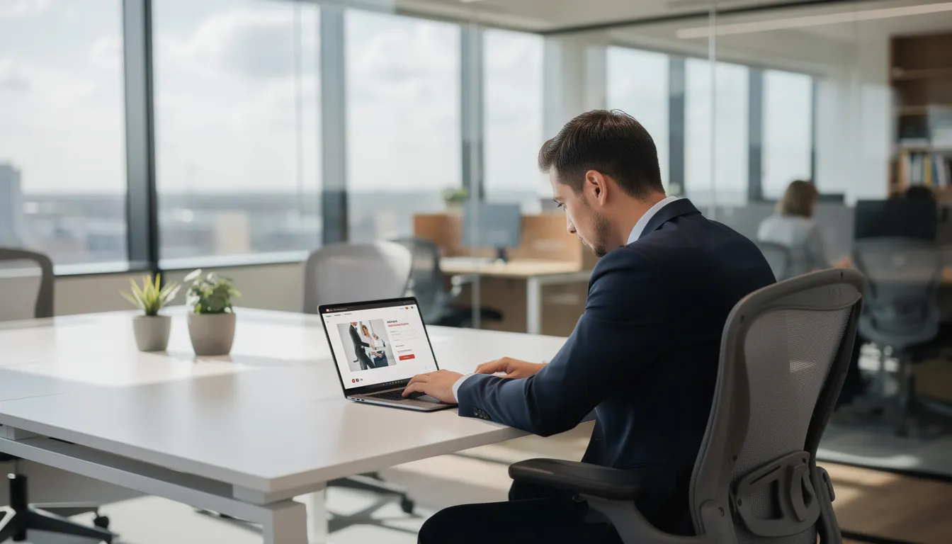 Una persona está trabajando en una computadora portátil en un ambiente de oficina moderno, rodeada de elementos de gestión como agendas y recordatorios automáticos. La escena refleja un espacio profesional donde se realizan tareas relacionadas con la atención a clientes y la administración de citas.