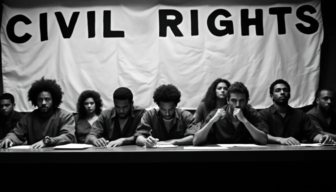 A courtroom scene highlighting civil rights violations by law enforcement.