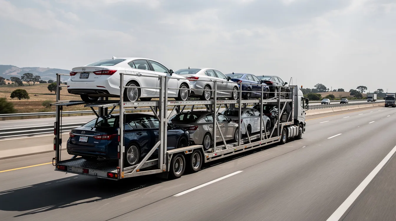 An open auto transport carrier trailer is seen on a highway, loaded with multiple sedans ready for vehicle transport. This image illustrates the efficient and reliable service of corporate relocation car shipping, ensuring vehicles are transported safely to their new destination.