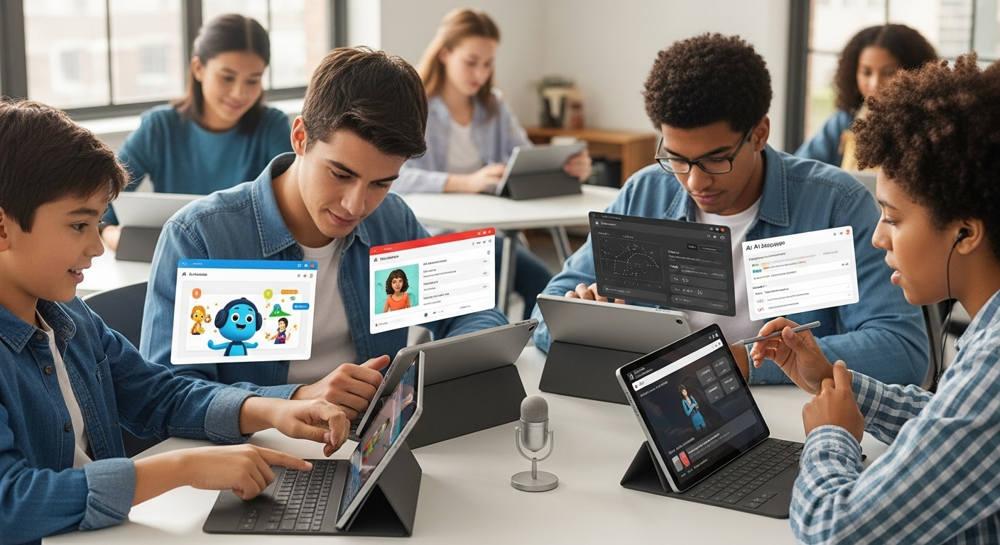 Students of different ages using AI-powered learning tools adapted to their individual learning styles