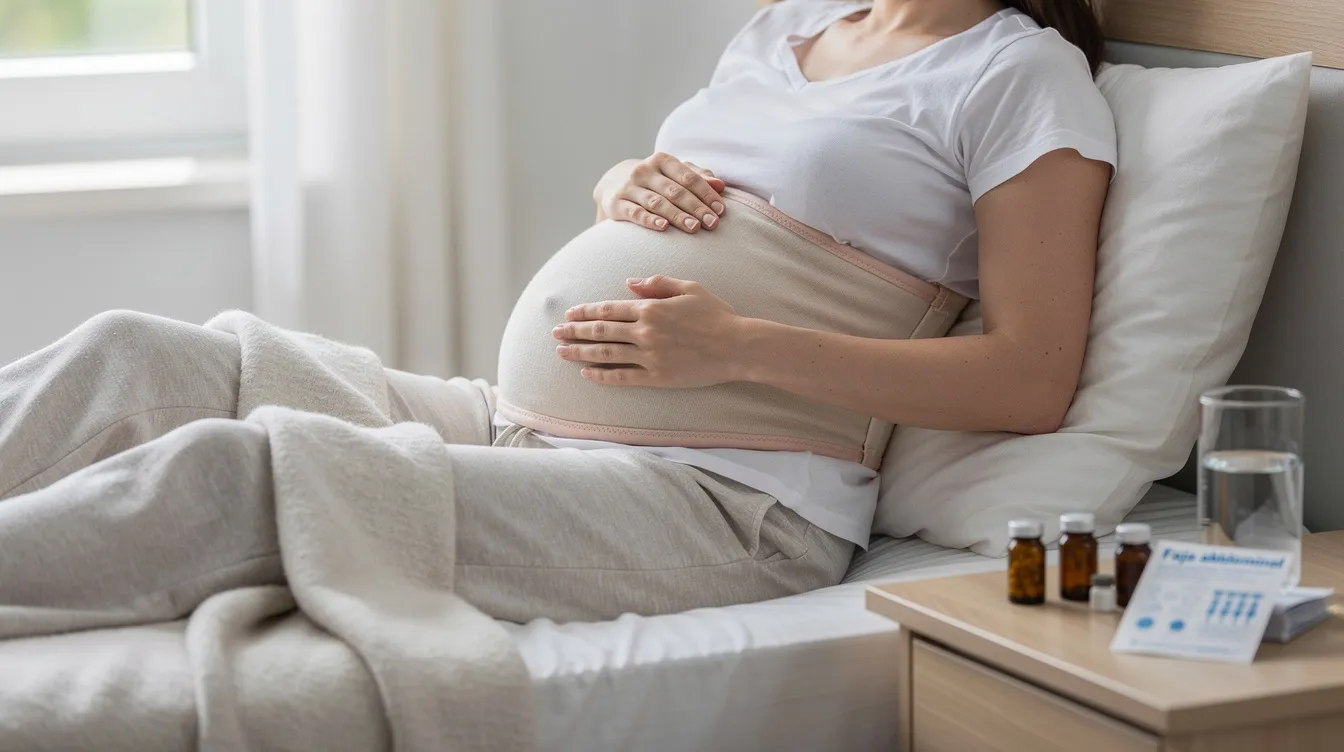 Una persona está usando una faja abdominal suave mientras se recupera en casa después de una abdominoplastia. La faja proporciona soporte a la parte inferior del abdomen, ayudando en el proceso de cicatrización alrededor del ombligo y la incisión.