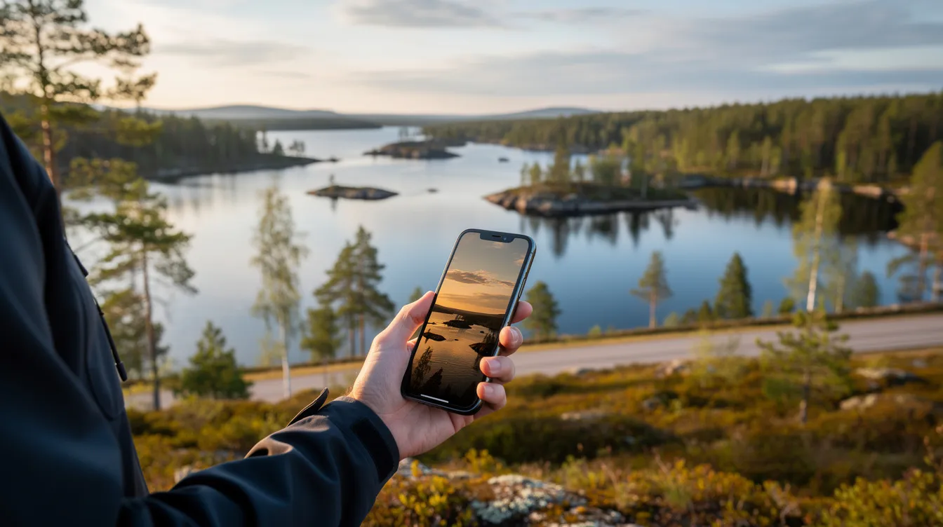 A person is holding a smartphone while traveling through a picturesque Finnish landscape, surrounded by serene lakes and lush forests. The scene captures the beauty of Finland's nature, with the individual likely using their mobile phone to connect with others or navigate their journey.