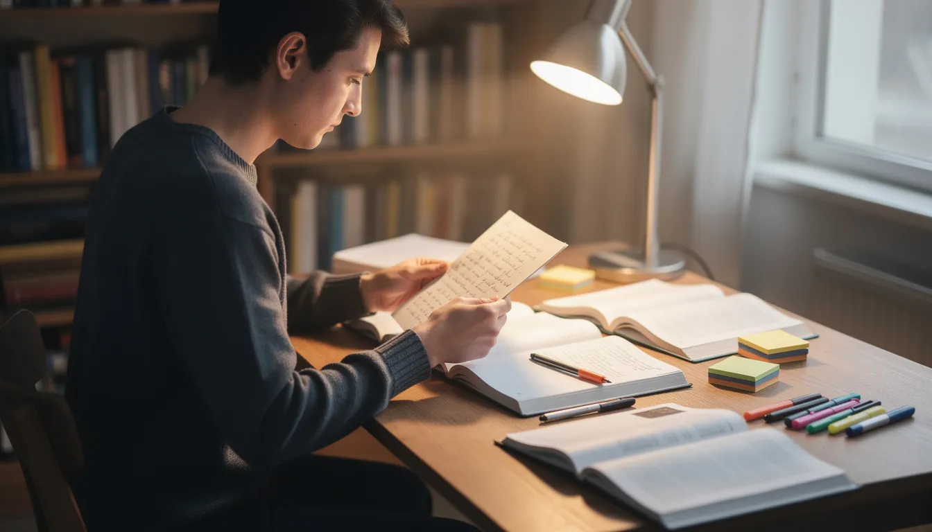 A person is seated at a study desk, surrounded by books and reviewing notes, focused on preparing for the Australian citizenship test. The scene captures an atmosphere of concentration and diligence, reflecting the journey to understand Australia's democratic beliefs and values.