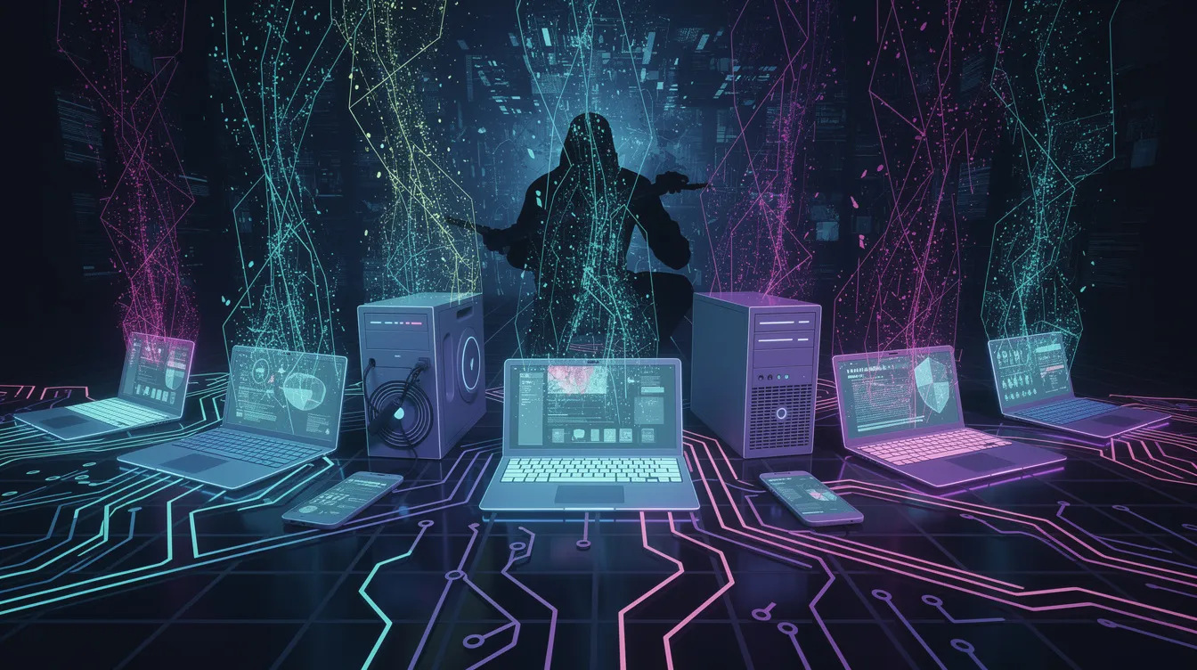 The image depicts a dark cyber grid environment where multiple infected devices are being exploited by a hidden attacker to mine cryptocurrency, represented by glowing data streams that symbolize stolen computing power. This modern illustration highlights the dangers of cryptojacking malware, showcasing the malicious code that drains computing resources and leads to increased energy consumption and higher electricity bills.