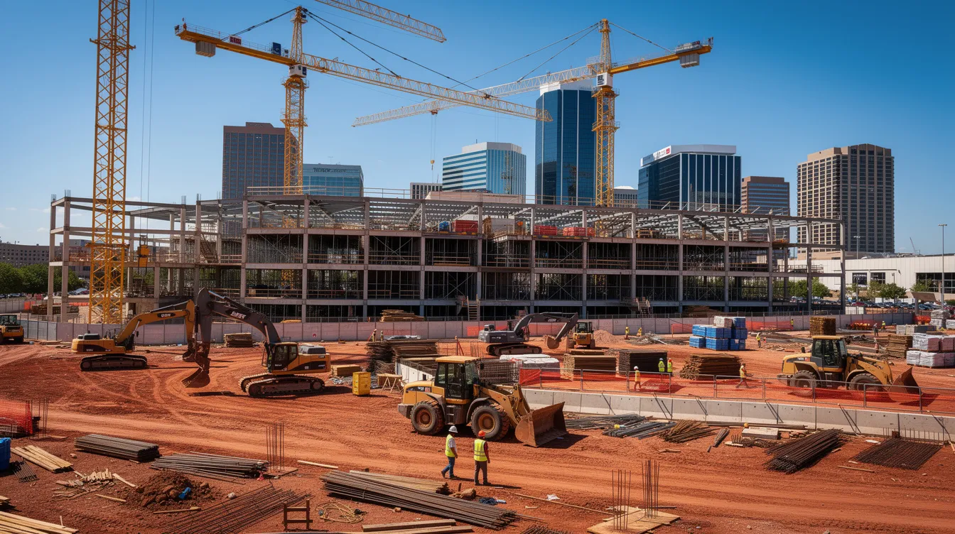 The image depicts a bustling construction site in a Texas city, featuring towering cranes and heavy equipment actively working on a large commercial building project. This scene highlights the construction industry’s current projects and the importance of effective backlog management for construction firms to maintain financial stability and manage future workloads.