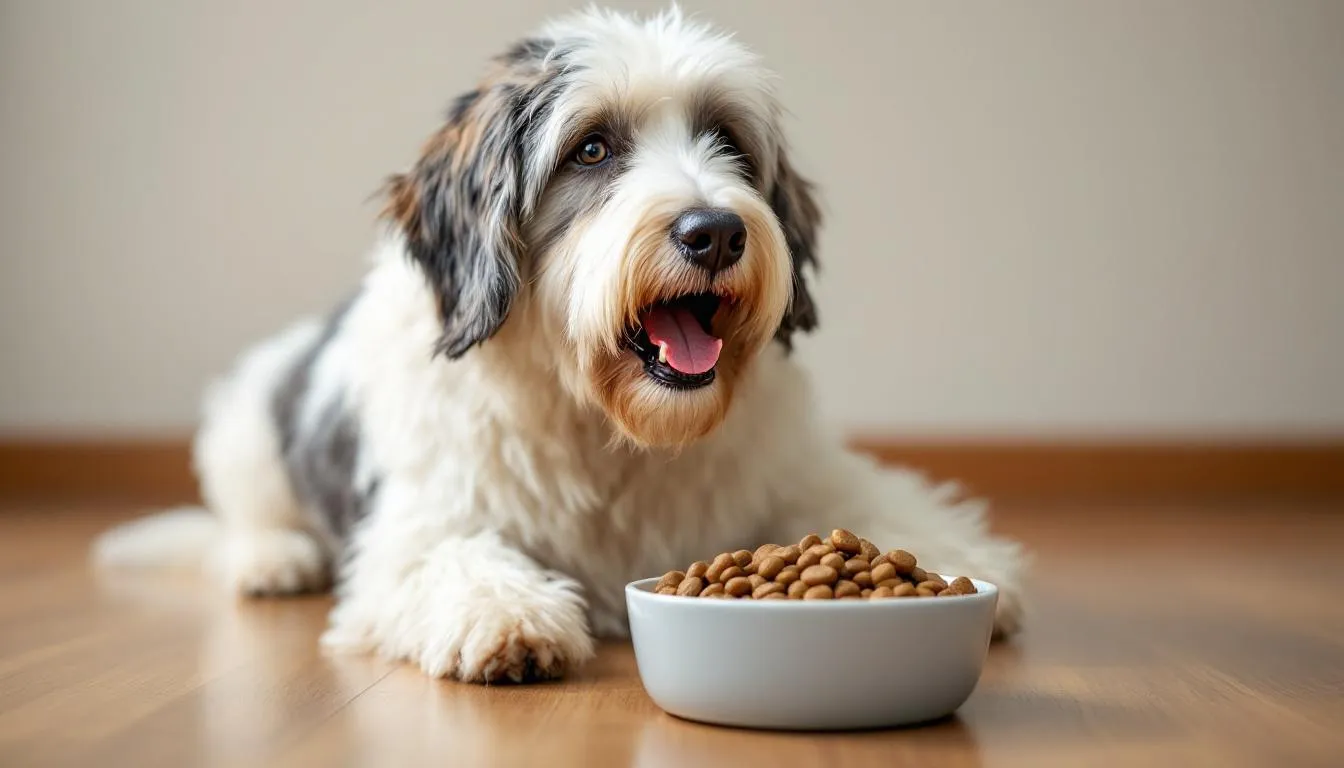 An Old English Sheepdog with a shaggy, fluffy coat is happily eating high-nutrition dog food from a stainless steel dog bowl. The scene captures the dog's friendly personality, showcasing its white fur and playful demeanor, typical of this large breed known for being great family dogs.