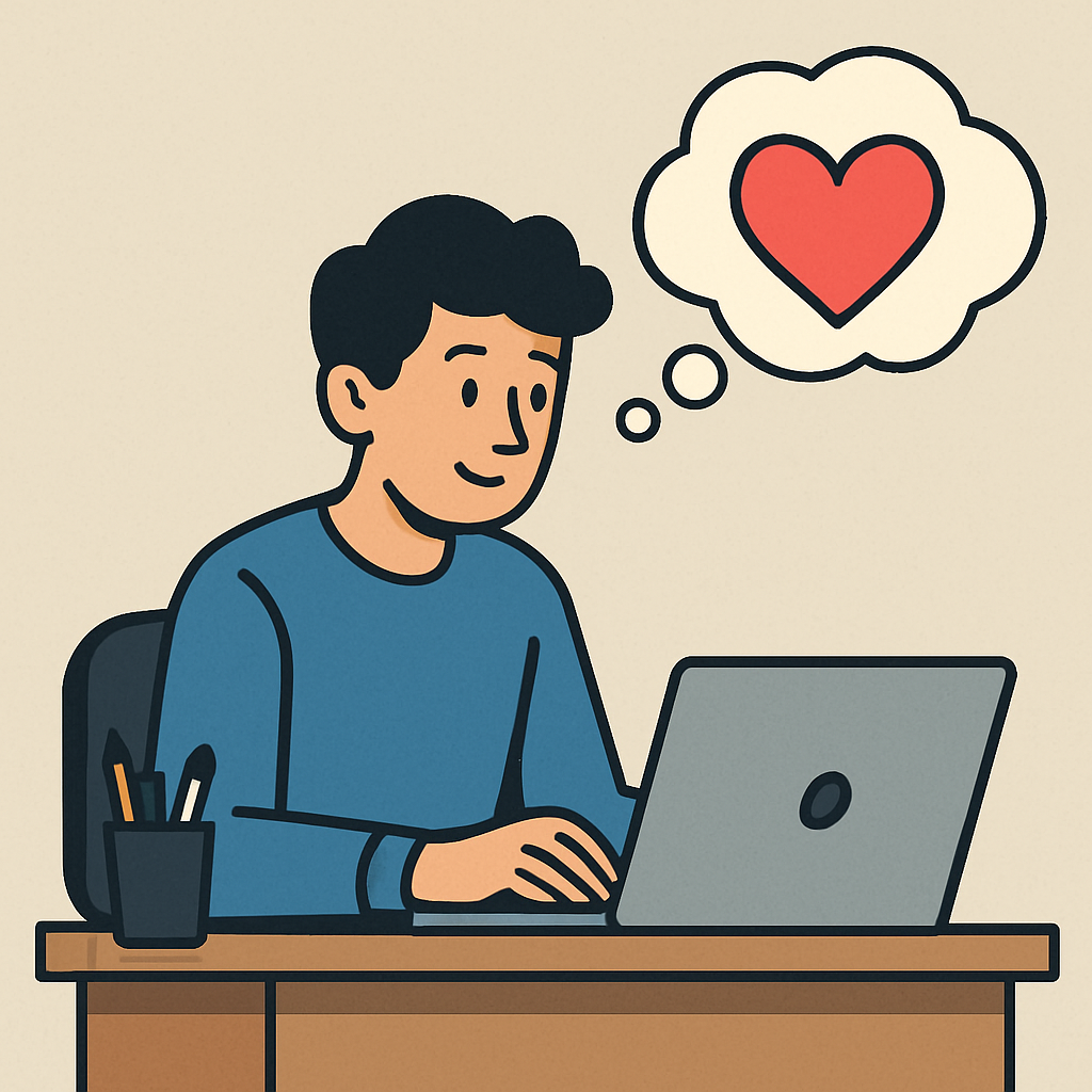 Vector-style illustration of a person working at a desk with a heart in a thought bubble, symbolizing excitement during the first week and all the great things in this new chapter after the interview process.