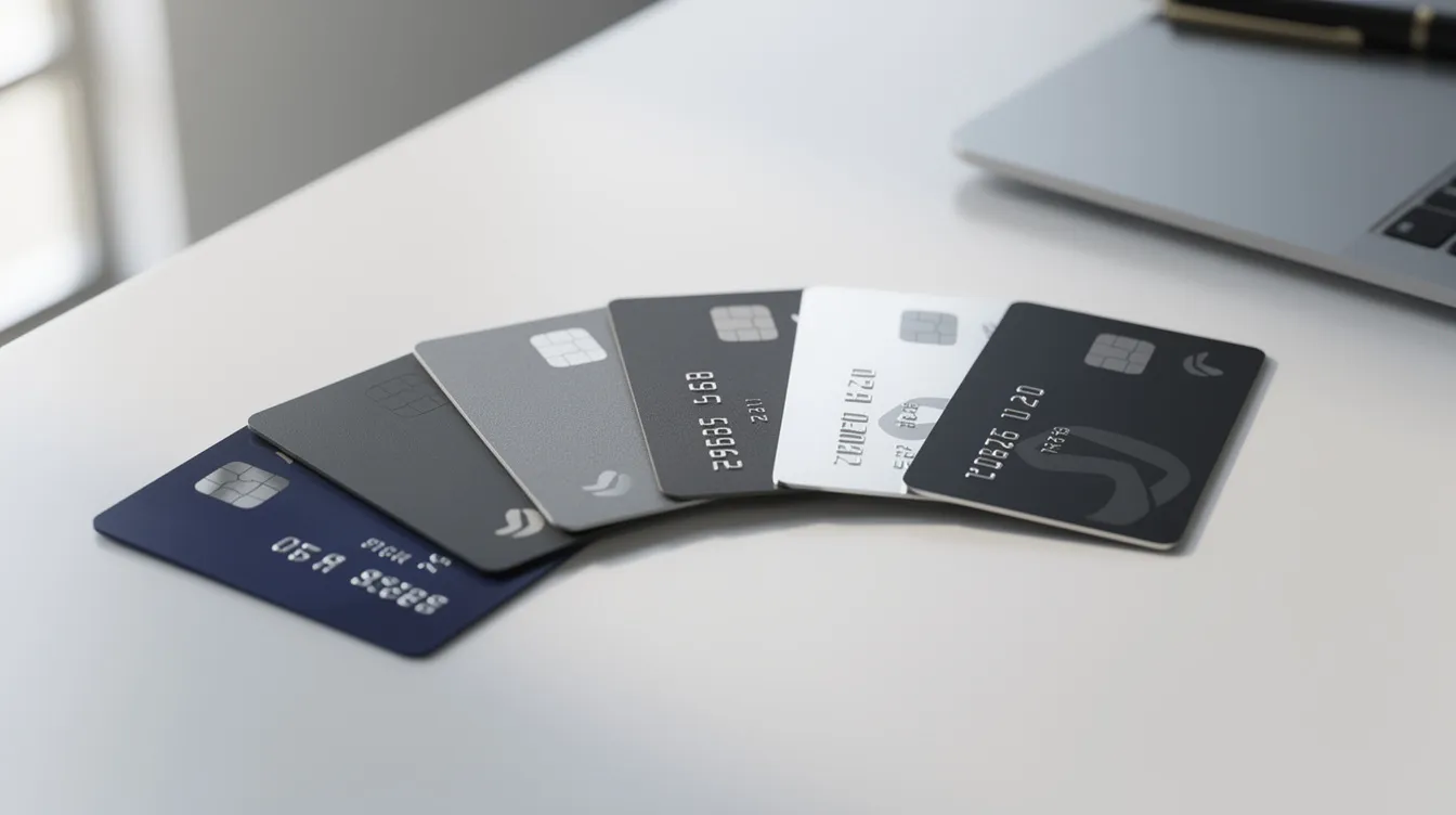 The image shows a row of business credit cards fanned out on a clean, modern desk, symbolizing various financing options available for real estate investors. This setup reflects the potential for creative financing strategies and investment funds that can aid in purchasing real estate or managing existing mortgages.