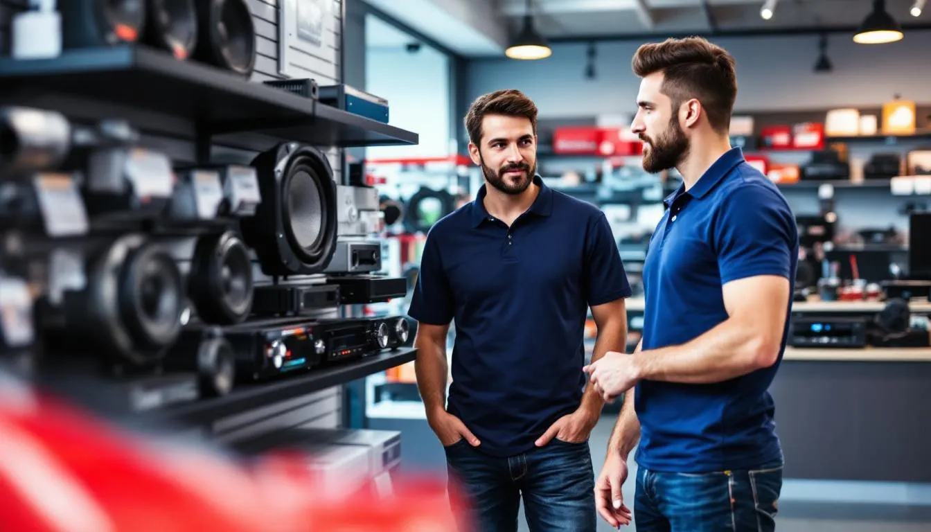 A customer is consulting with a car audio specialist at a retail location, discussing options for upgrading their vehicle's audio system, including features like Bluetooth connectivity and satellite radio. The specialist is showing various brands of speakers and head units, while providing details about installation services and leasing costs.