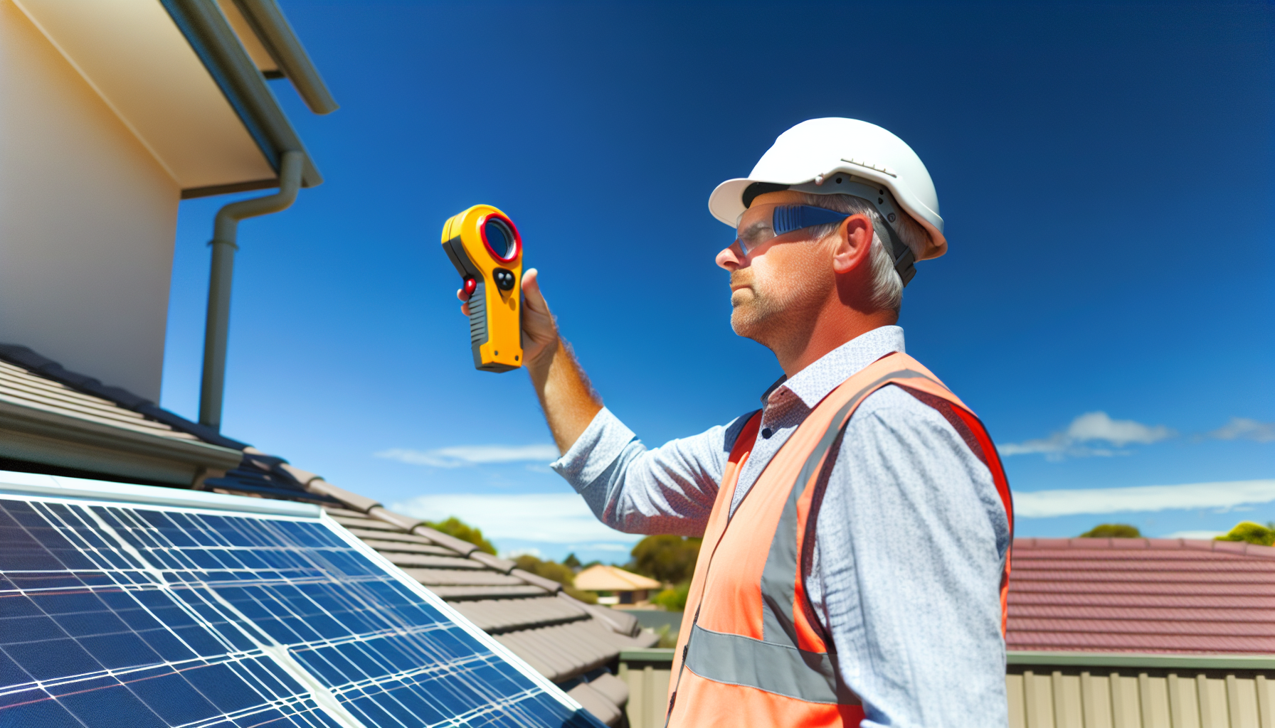 Expert conducting site assessment for hot water solar system installation