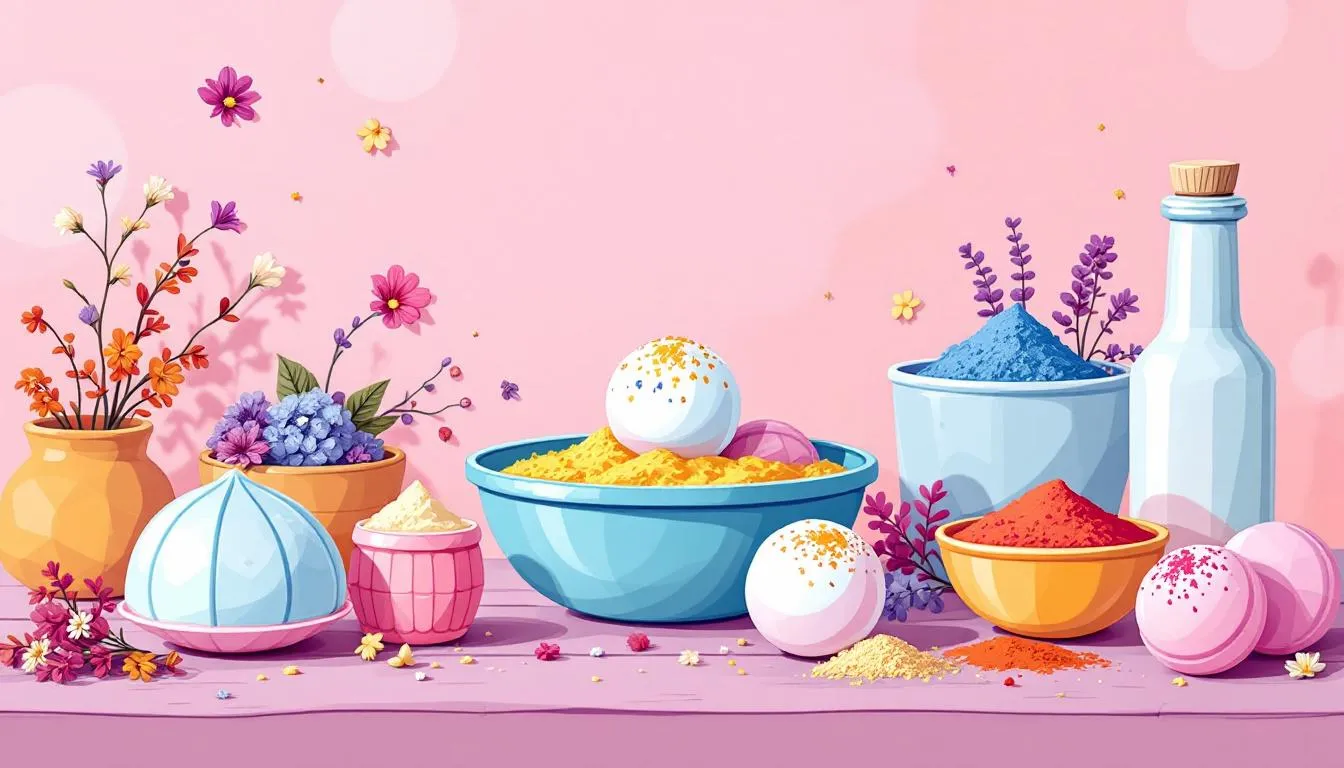 A DIY bath bomb kit with colorful ingredients and molds, ideal for creating personalized bath bombs.