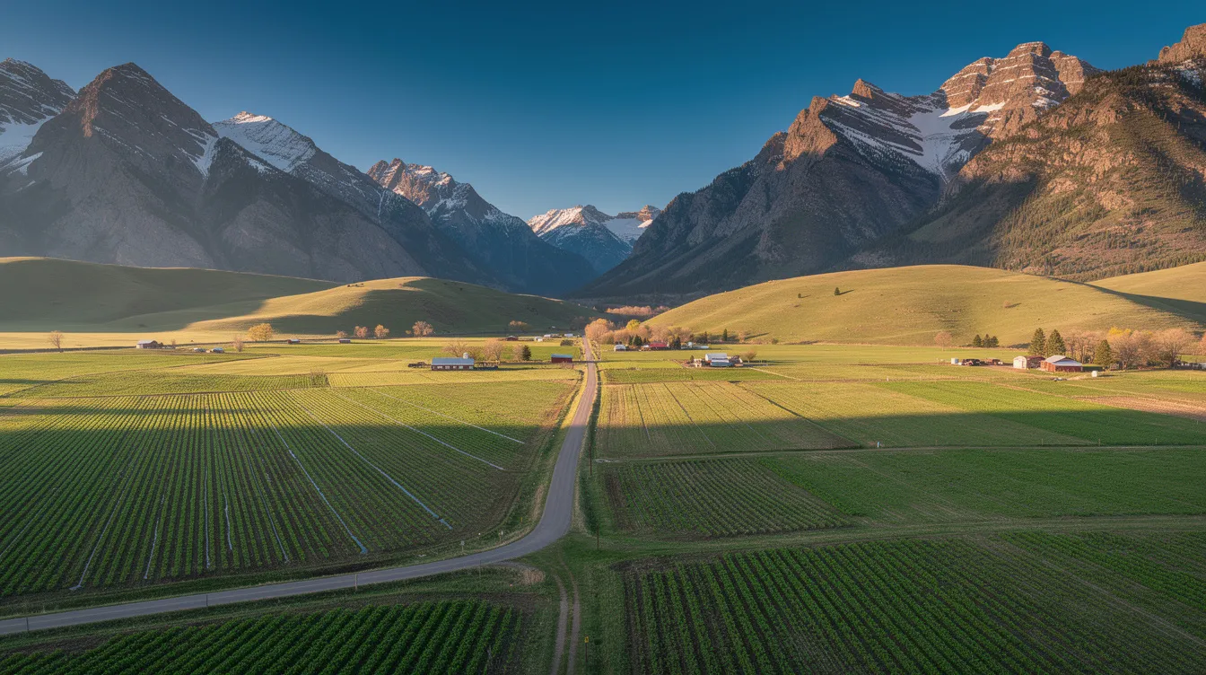 The image depicts a vast Montana mountain valley filled with lush green agricultural fields, all under a bright, clear sky. This serene landscape reflects the state's commitment to hemp cultivation and the legal landscape surrounding hemp-derived products, such as those regulated under the Montana hemp law.