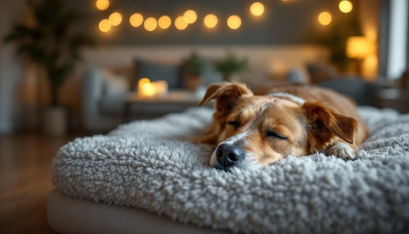 A senior dog sleeps peacefully in a well-lit, comfortable room adorned with soft night lights, showcasing the tranquility often sought by older dogs experiencing cognitive dysfunction syndrome. This serene setting highlights the importance of a calm environment for dogs with cognitive decline, as they navigate the challenges of aging and potential dementia.