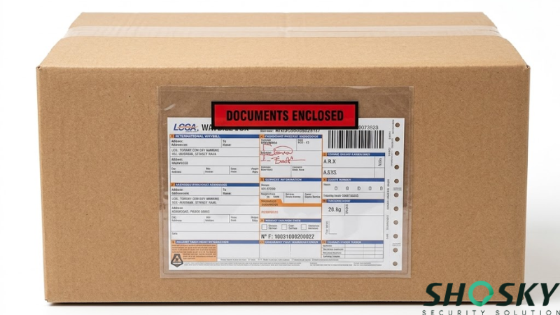 Shipping parcel with a secure, clear document sleeve applied externally