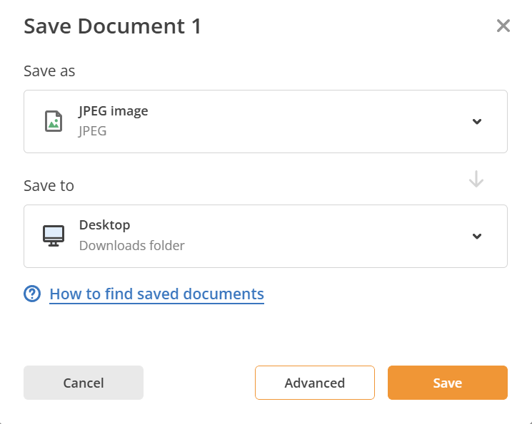 pdfFiller Save Document window showing export as JPEG image with Desktop selected as the save location, and the buttons Save and Advanced at the bottom.