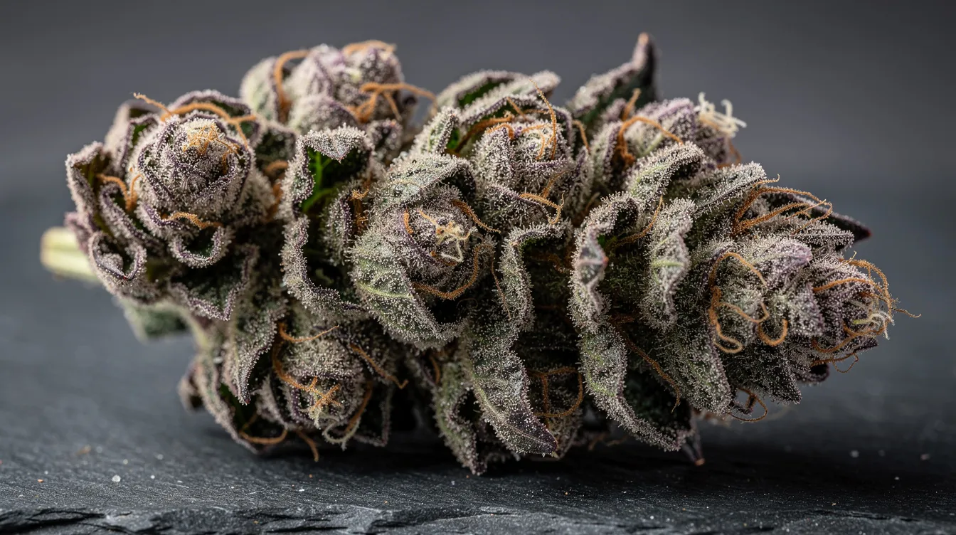 A close-up view showcases dense, frosty cannabis buds featuring deep green and purple hues, resting on a dark slate surface. This potent strain, reminiscent of the ice cream cake lineage, exhibits a creamy texture and sweet vanilla aroma, making it visually appealing for advanced growers and enthusiasts alike.