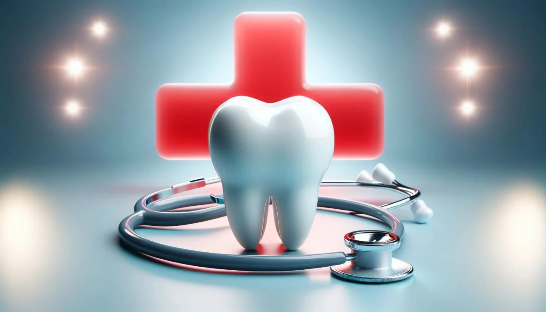Tannmodell med rødt helsesymbol og stetoskop.