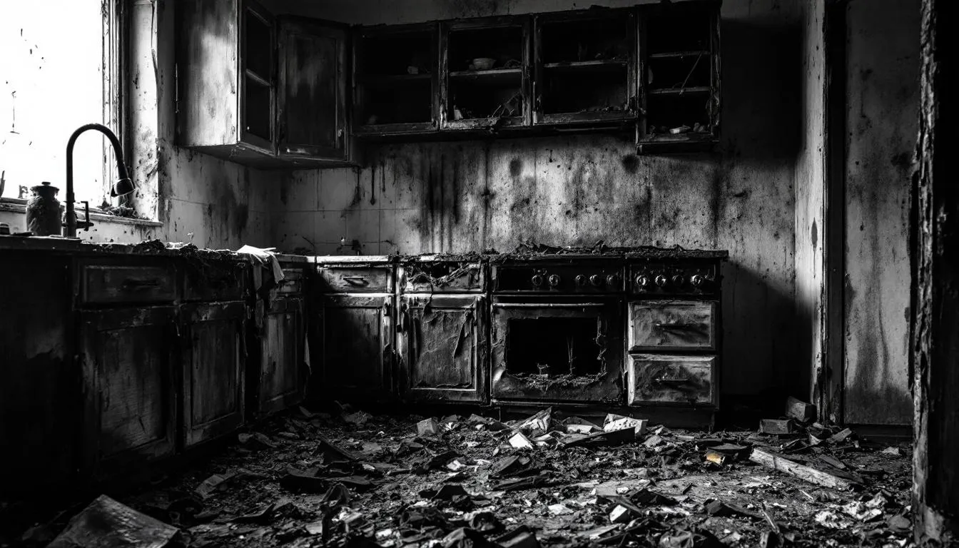 A damaged kitchen showing charred cabinets and smoke damage after a kitchen fire, highlighting the impact of fire damage.