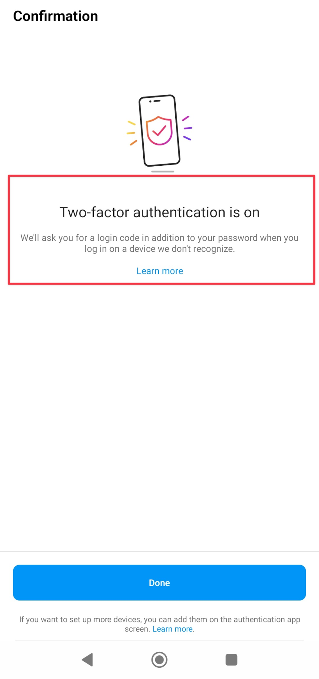 Remote.tools shows how a successful setup of two factor authentication on your Instagram profile look like