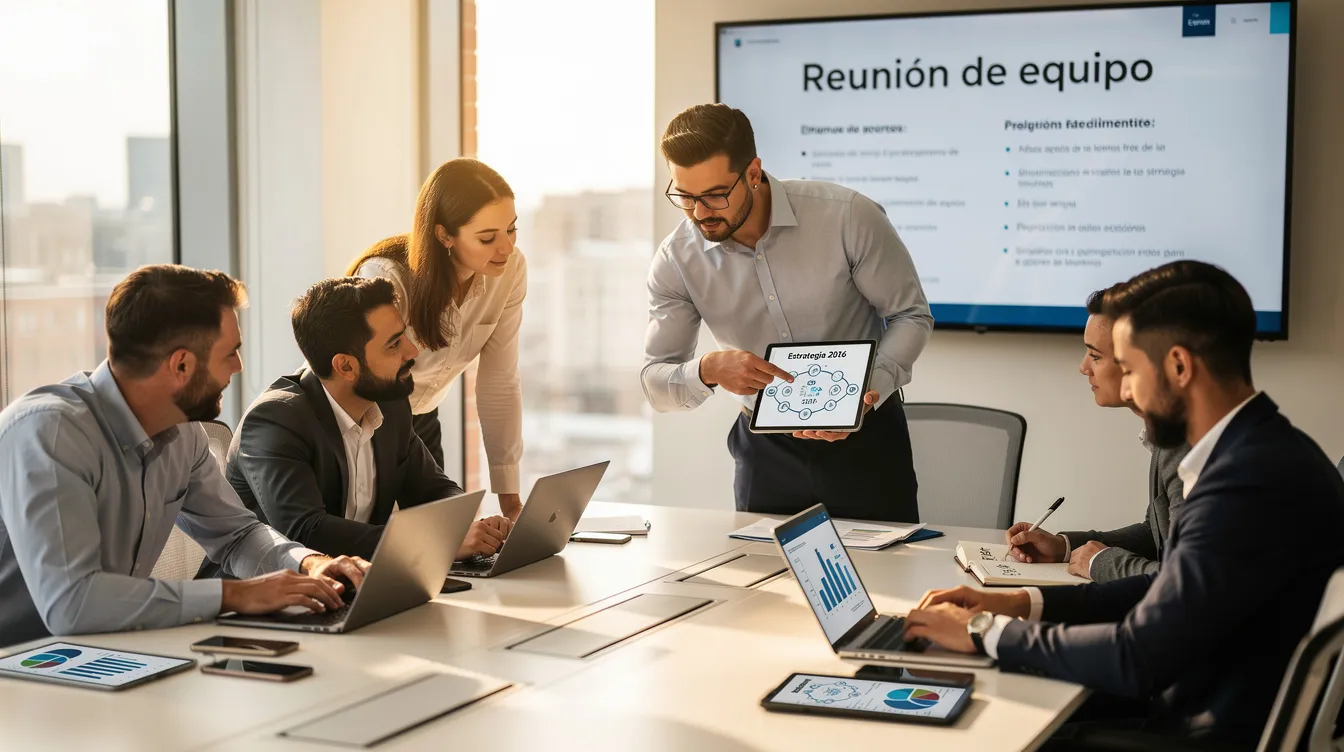 Un equipo de trabajo se encuentra reunido alrededor de una mesa, utilizando dispositivos tecnológicos para planificar estrategias relacionadas con la inteligencia artificial y el análisis de datos.