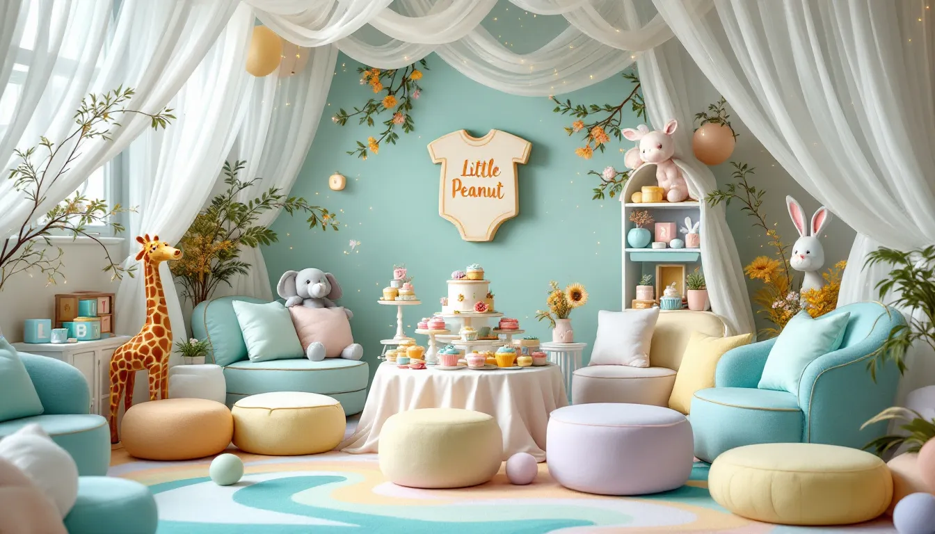 A modern and trendy baby shower setup with stylish decorations and gifts.