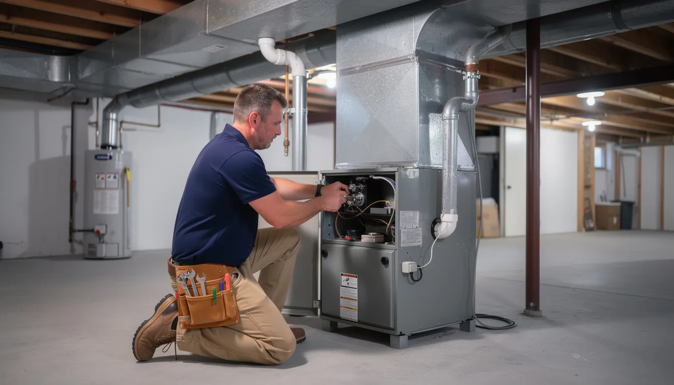 A technician in a plain navy shirt and tan pants is working on an HVAC system in the basement of a residential home, focusing on heating and cooling services to ensure optimal home comfort for the homeowners. The professional is dedicated to delivering reliable service and innovative solutions for energy efficiency and maintenance.