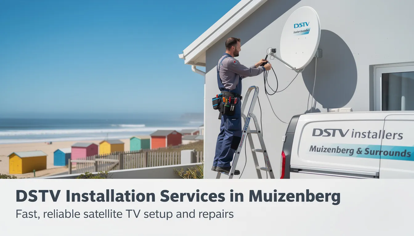 The image depicts a professional DSTV installer in Muizenberg setting up a satellite dish and decoder for a residential home, showcasing the expertise and quality of DSTV installation services available in the area. Surrounding the installer are tools and equipment used for DSTV upgrades and repairs, emphasizing the comprehensive installation and maintenance services offered.