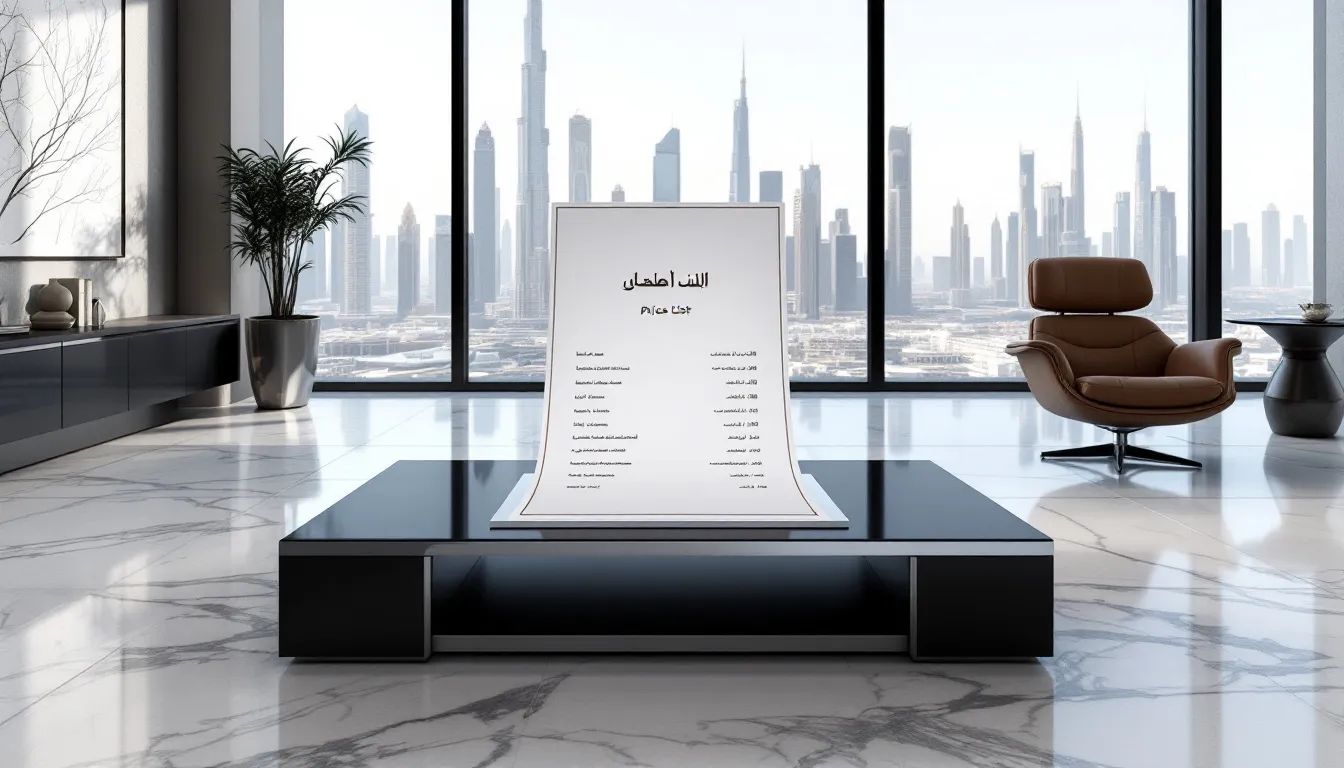 A price list for sofa cleaning services displayed in a modern office.