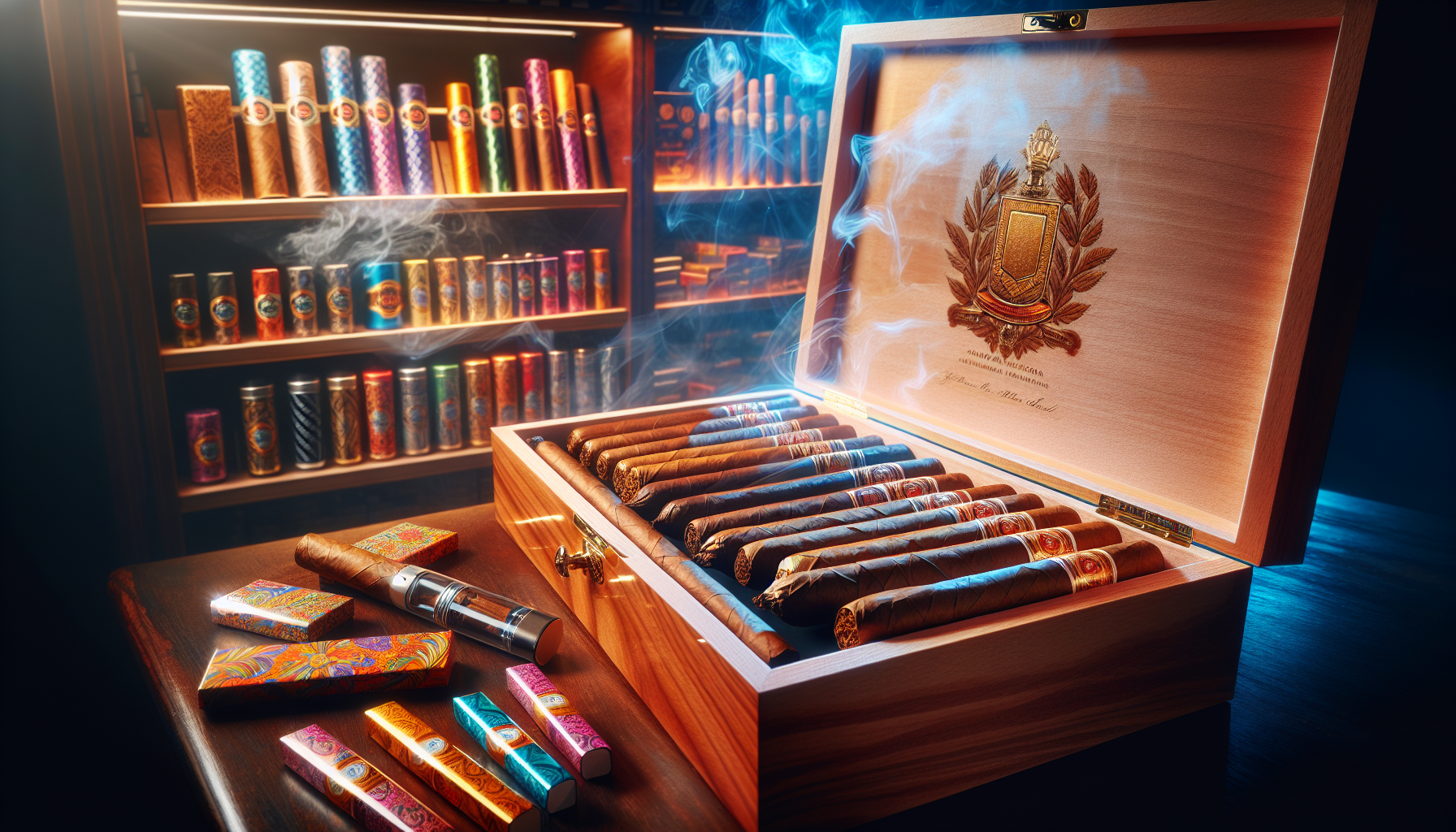 An illustration representing different types of tobacco products available in a smoke shop.