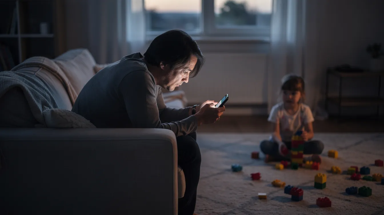 The image depicts a person sitting on a couch, absorbed in their phone while a child plays in the background, symbolizing emotional distance and the challenges of maintaining mental health at home. This scene highlights the impact of constant pressure and emotional exhaustion that can arise from leadership burnout and the struggle to balance personal life and responsibilities.