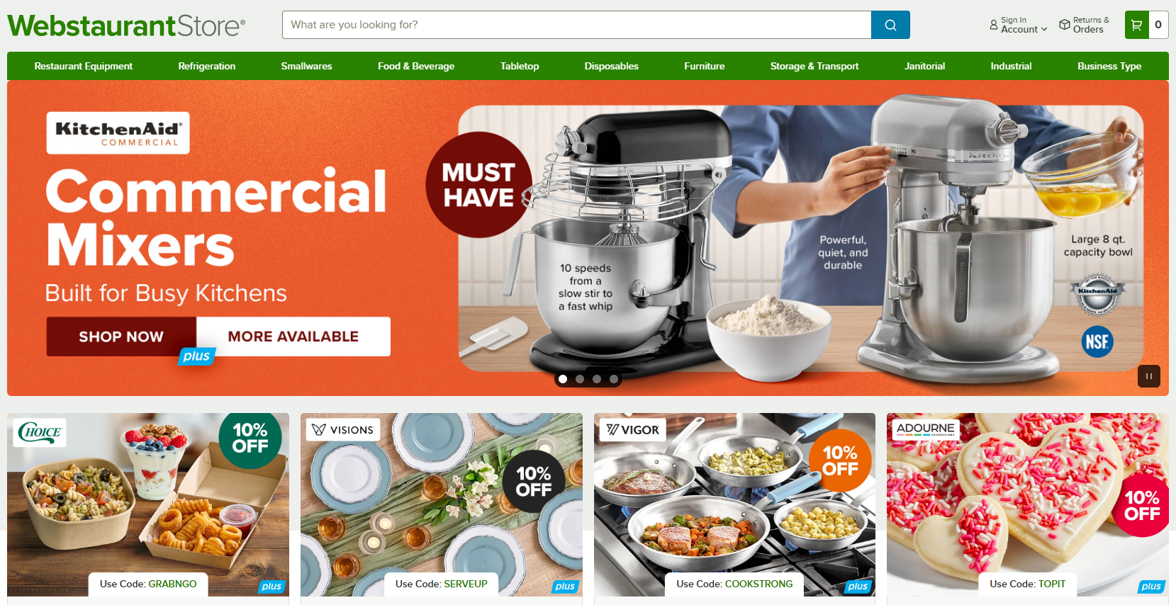 webstaurantstore homepage screenshot with different product lines