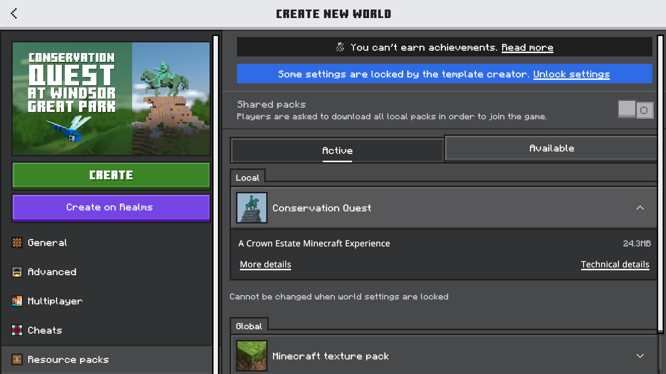 The activated Conservation Quest add-on.