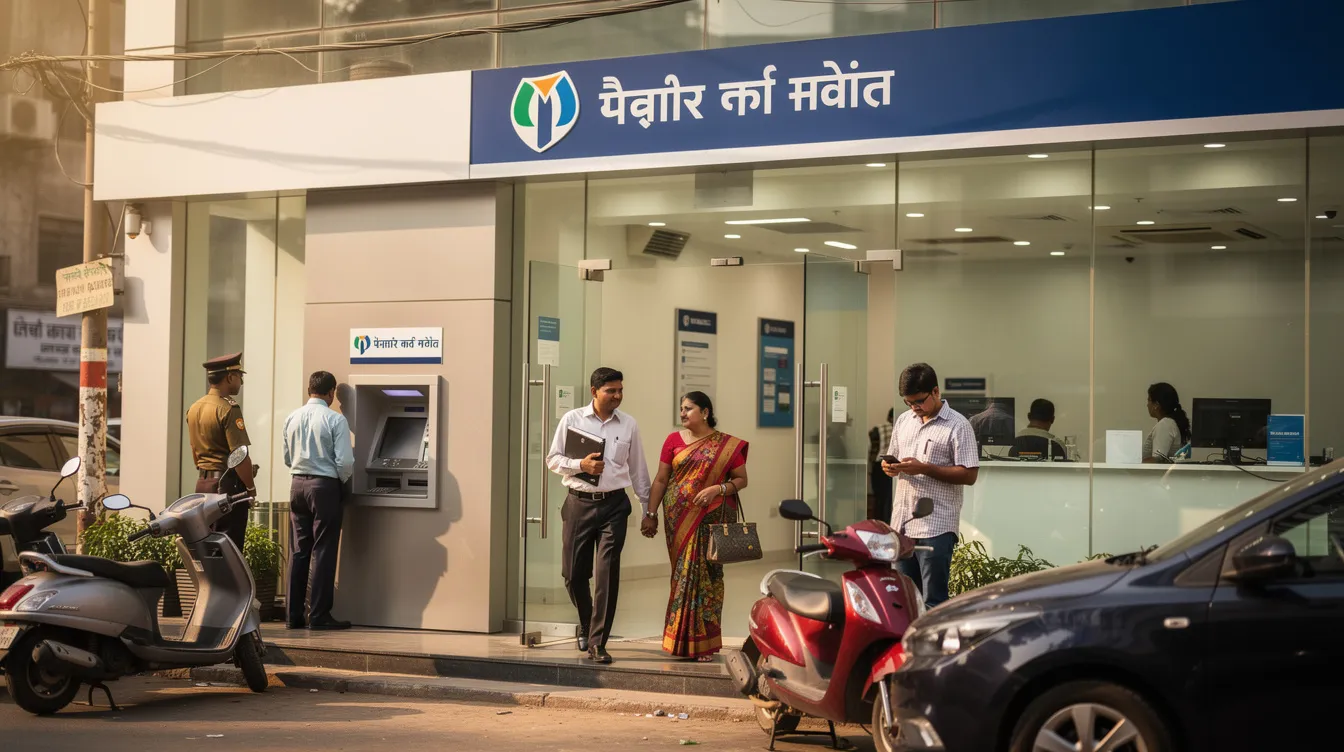 The image shows the entrance of an Indian bank branch bustling with customers walking in, likely seeking financial assistance for various purposes such as applying for mudra loans or discussing their satisfactory credit track record with bank representatives. The scene reflects the active engagement of individuals, including small business owners and entrepreneurs, with the bank as they navigate the application process for loans under the Pradhan Mantri Mudra Yojana.