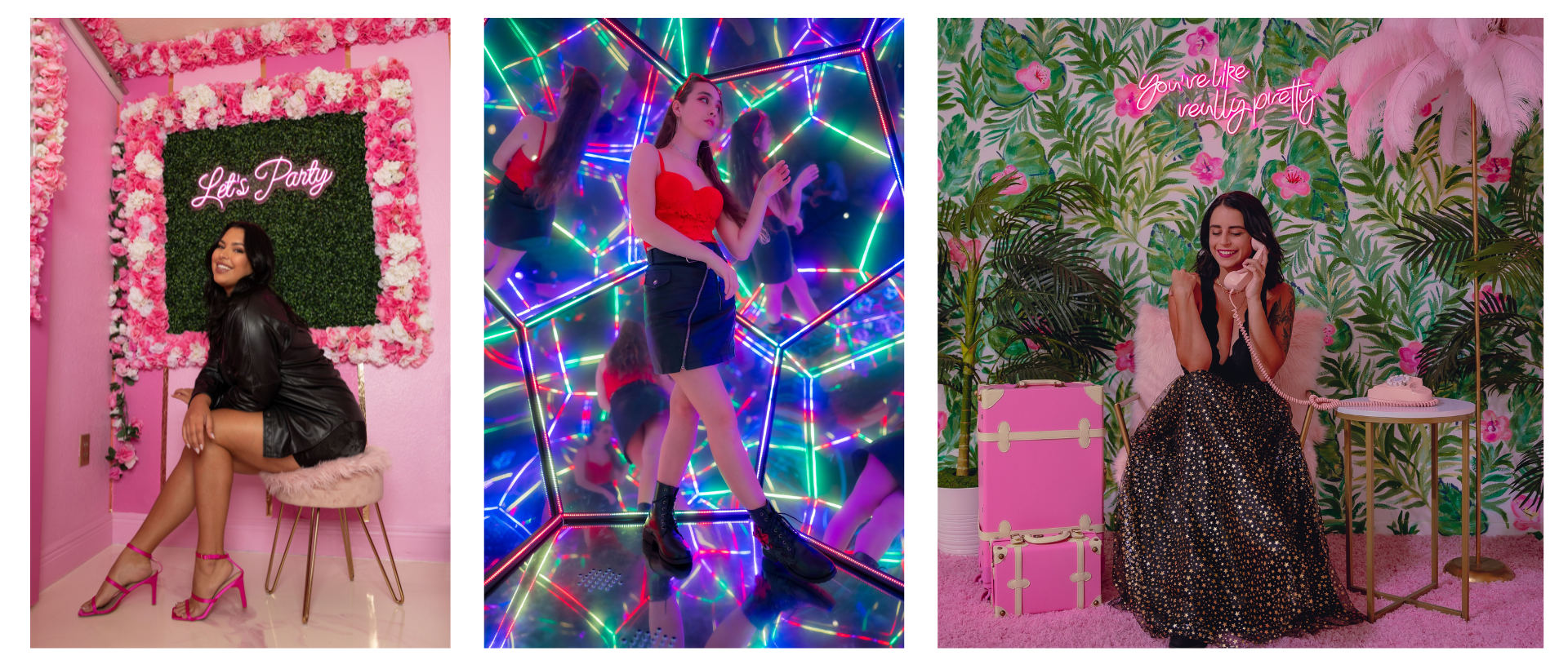 Woman sitting on a fluffy pink stool posing in front of a pink flower photo backdrop, woman standing in front of a photo backdrop made of mirrors and colored lights, woman sitting down and posing with a dial up phone in front of a green palm tree photo backdrop with pink luggage near her