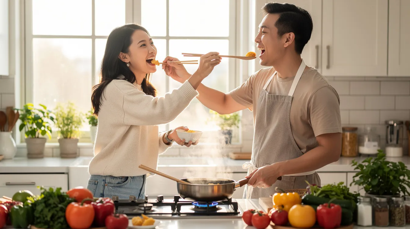 An Asian couple joyfully cooks together in their kitchen, feeding each other with smiles, embodying emotional intimacy and the joy of romantic love. Their playful interaction reflects the deep connection often found in the early stages of a romantic relationship.